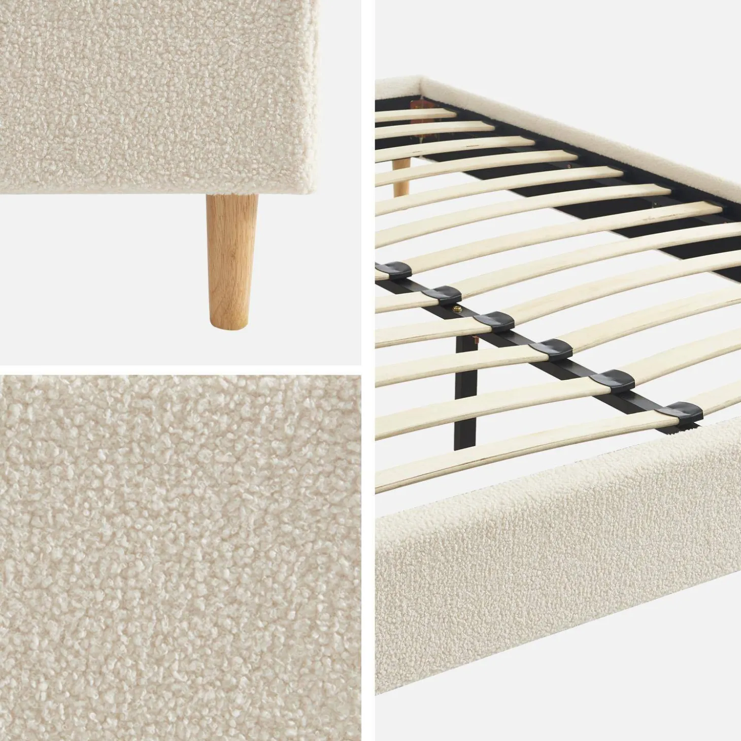 Cama com estrado de ripas, acabamento boucle, branco
