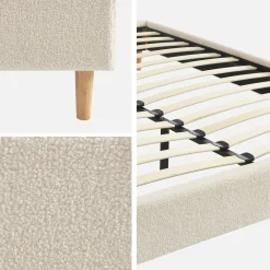 Cama com estrado de ripas, acabamento boucle, branco