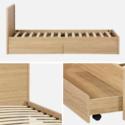 Cama com estrado de ripas e cabeceira 190cm + 2 gavetas em madeira