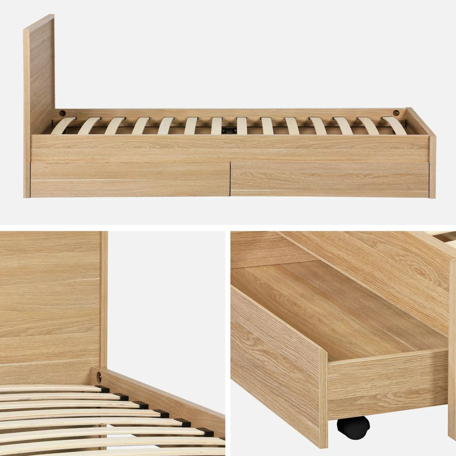 Cama com estrado de ripas e cabeceira 190cm + 2 gavetas em madeira