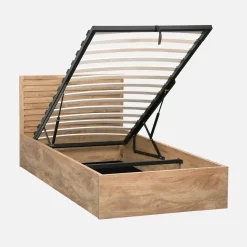 Cama com estrado de ripas e cabeceira 90x190cm, acabamento em madeira
