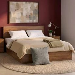 Cama com estrado de ripas e cabeceira 140x190cm + 4 gavetas decoração madeira