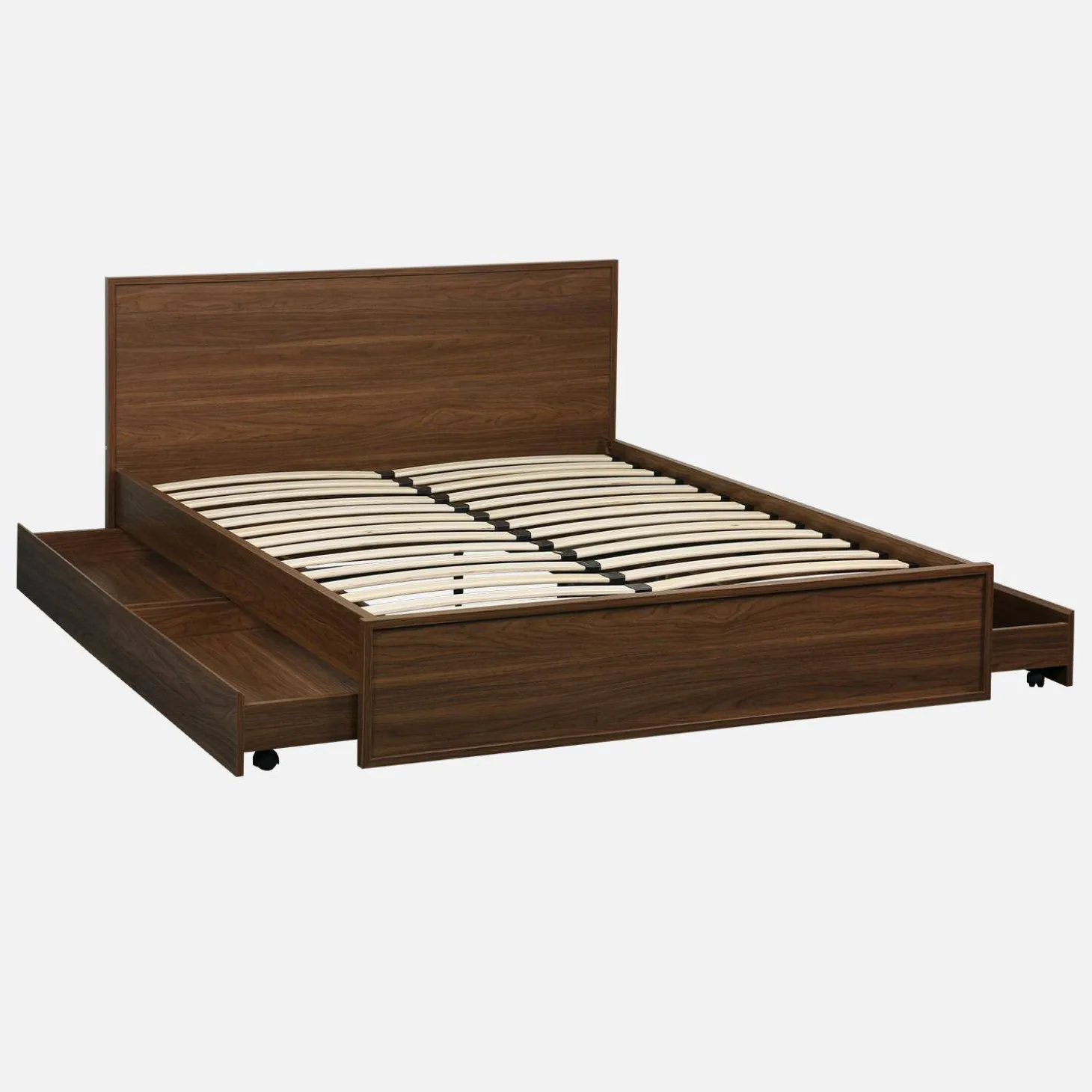 Cama com estrado de ripas e cabeceira 140x190cm + 4 gavetas decoração madeira