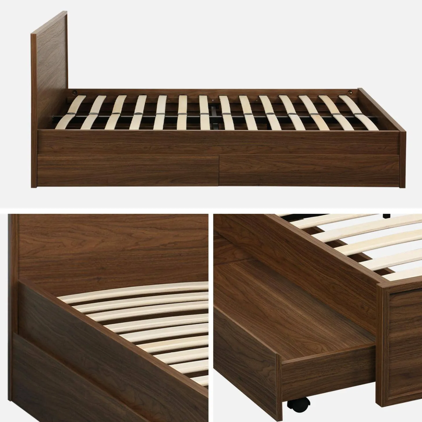Cama com estrado de ripas e cabeceira 140x190cm + 4 gavetas decoração madeira