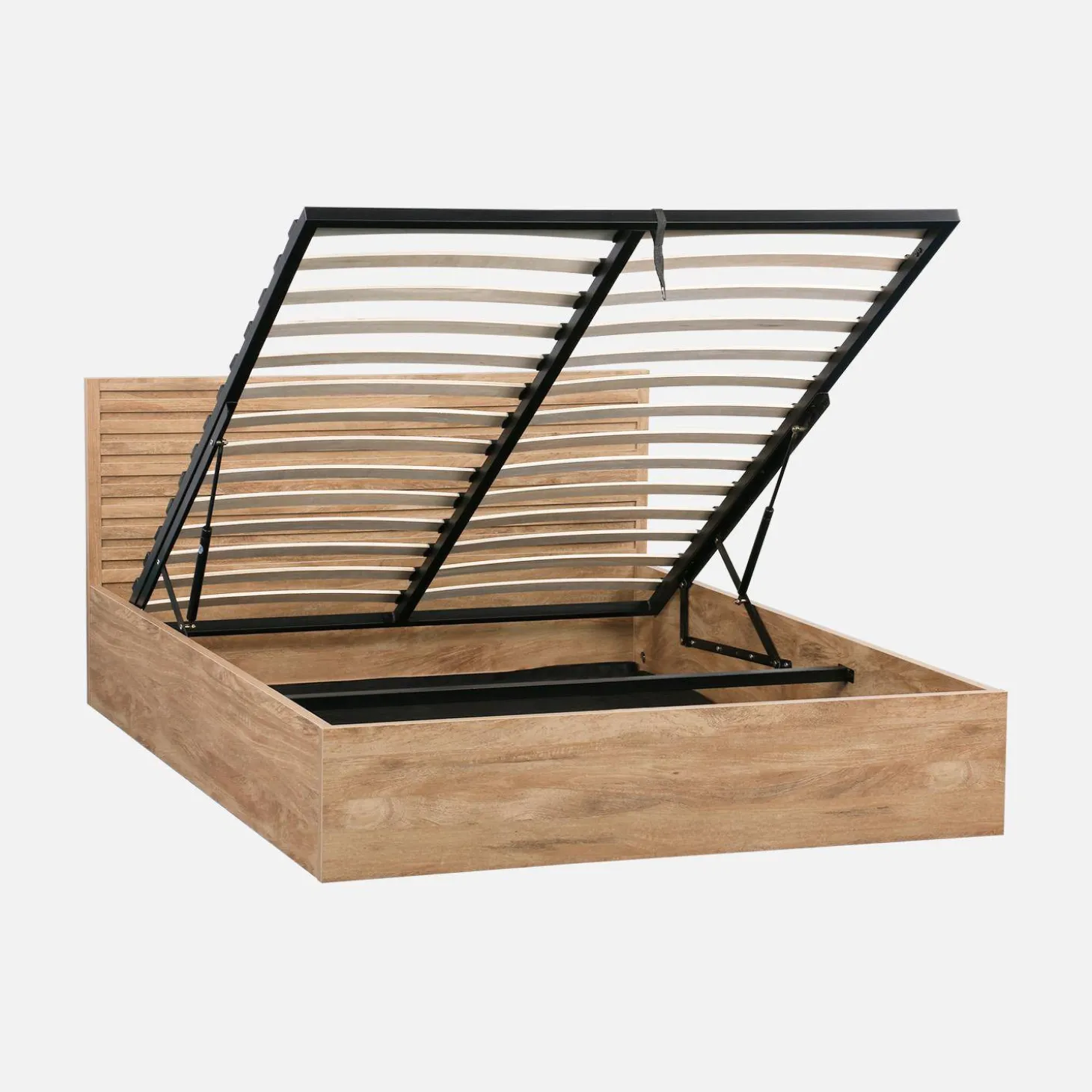 Cama com estrado de ripas e cabeceira 140x190cm, acabamento em madeira