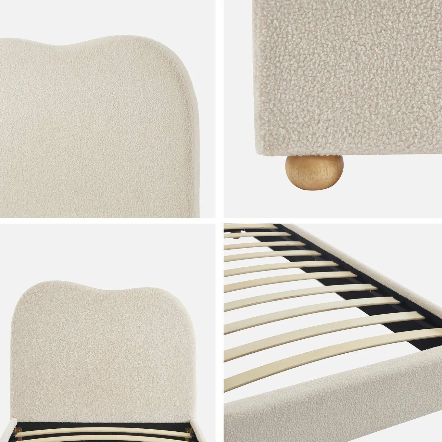 Cama com estrado de ripas e cabeceira, branca em boucle