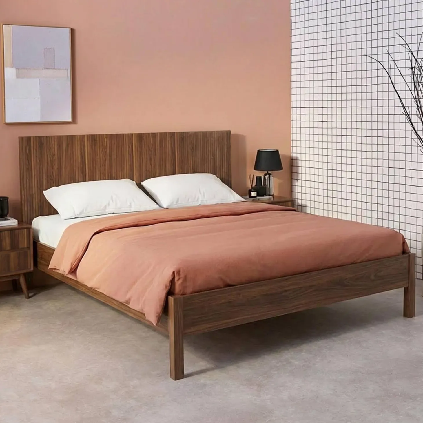 Cama com estrado de ripas e cabeceira, 160x200cm decoração em madeira