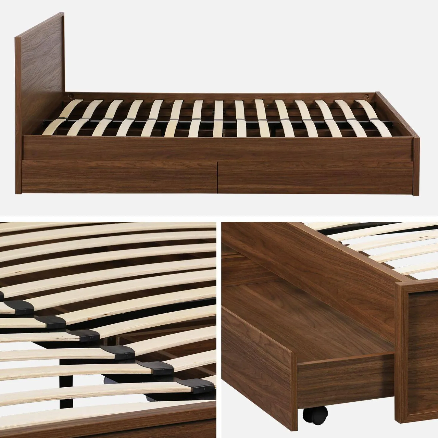 Cama com estrado de ripas e cabeceira 160x200cm + 4 gavetas em madeira