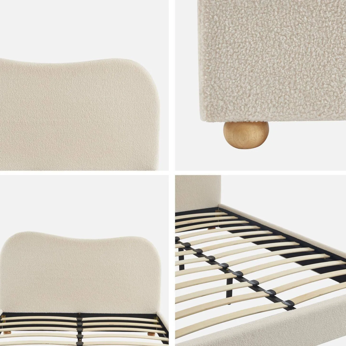Cama com estrado de ripas e cabeceira, branca em boucle