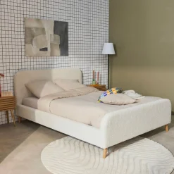 Cama com estrado e cabeceira estofada boucle, 140x190cm