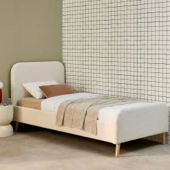 Cama com estrado e cabeceira estofada boucle, 90x190cm