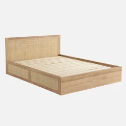 Cama de casal boêmia com estrado de ripas e cabeceira, 140x190cm + 4 gavetas
