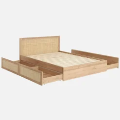 Cama de casal boêmia com estrado de ripas e cabeceira, 140x190cm + 4 gavetas