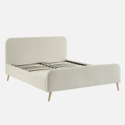 Cama de casal com estrado de ripas e revestida em tecido bouclé, 160x200cm