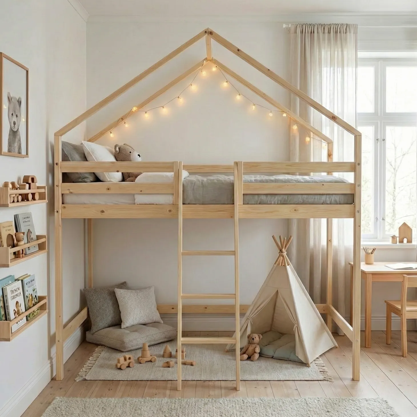 Cama infantil beliche em madeira de pinho natural, 90x190cm