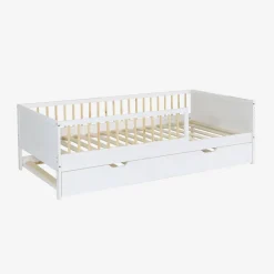 Cama infantil de 190 cm em madeira de pinho com estrado de ripas e gaveta extraível