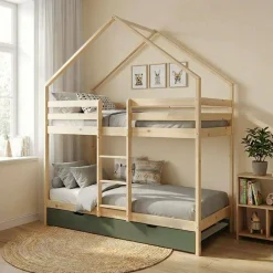 Cama infantil em beliche, 90 x 190 cm em madeira de pinho natural com cama extra