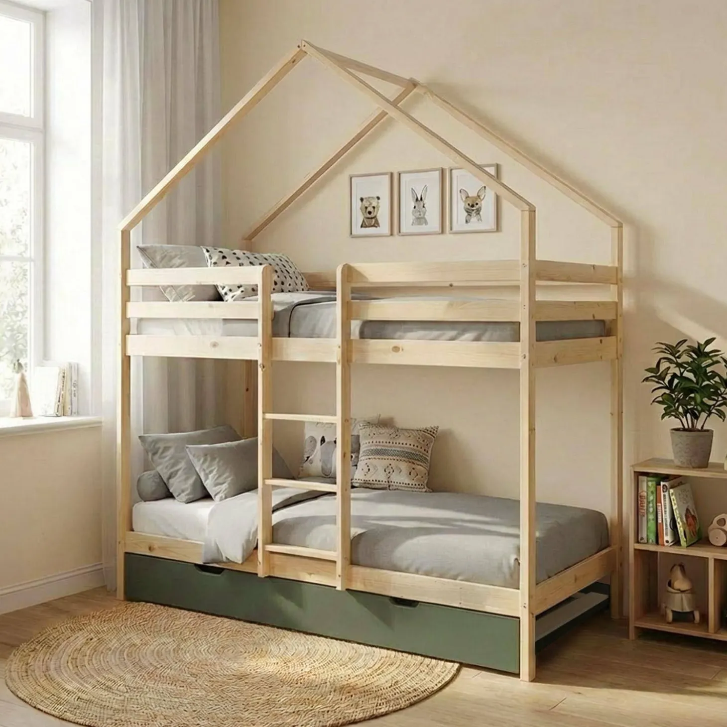 Cama infantil em beliche, 90 x 190 cm em madeira de pinho natural com cama extra