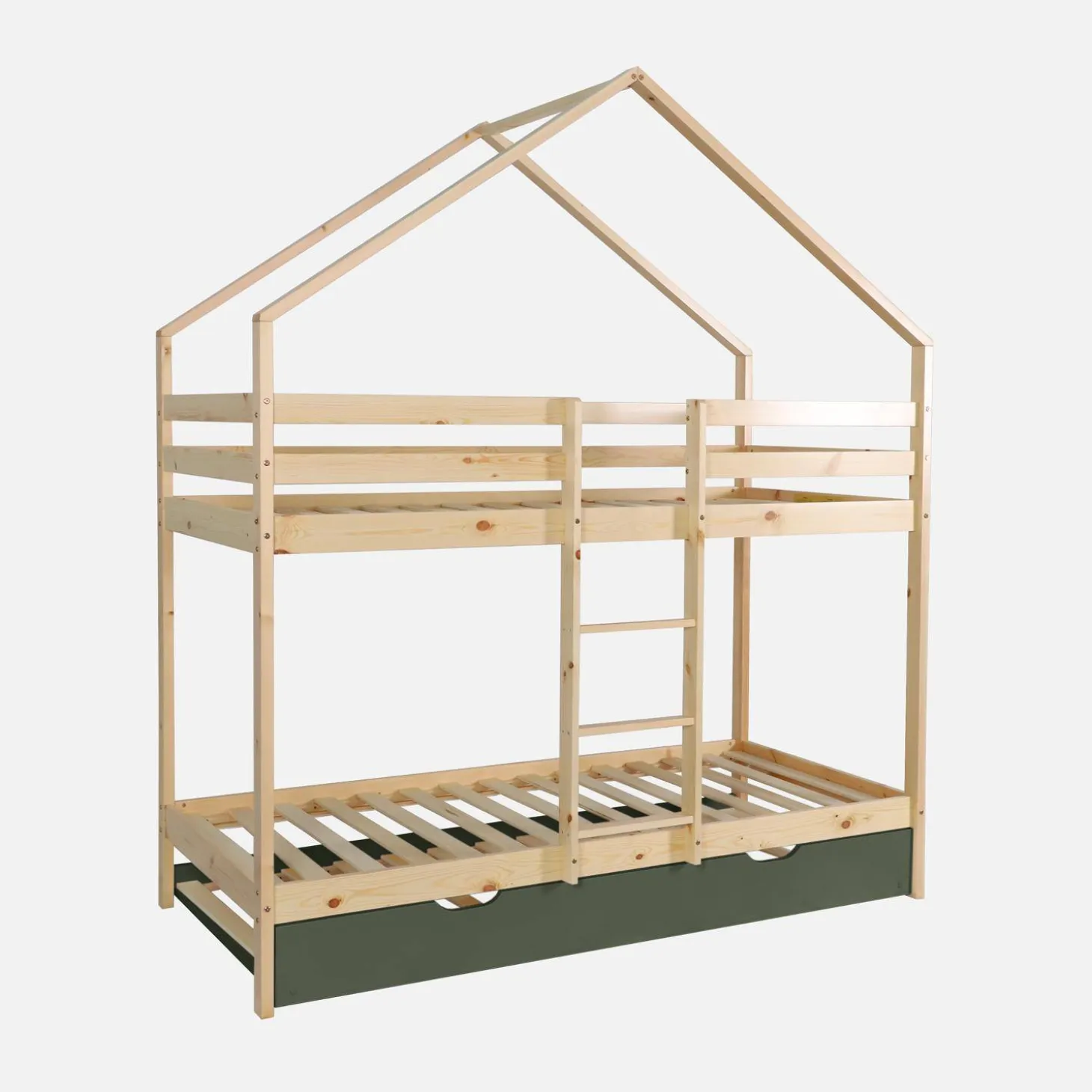 Cama infantil em beliche, 90 x 190 cm em madeira de pinho natural com cama extra