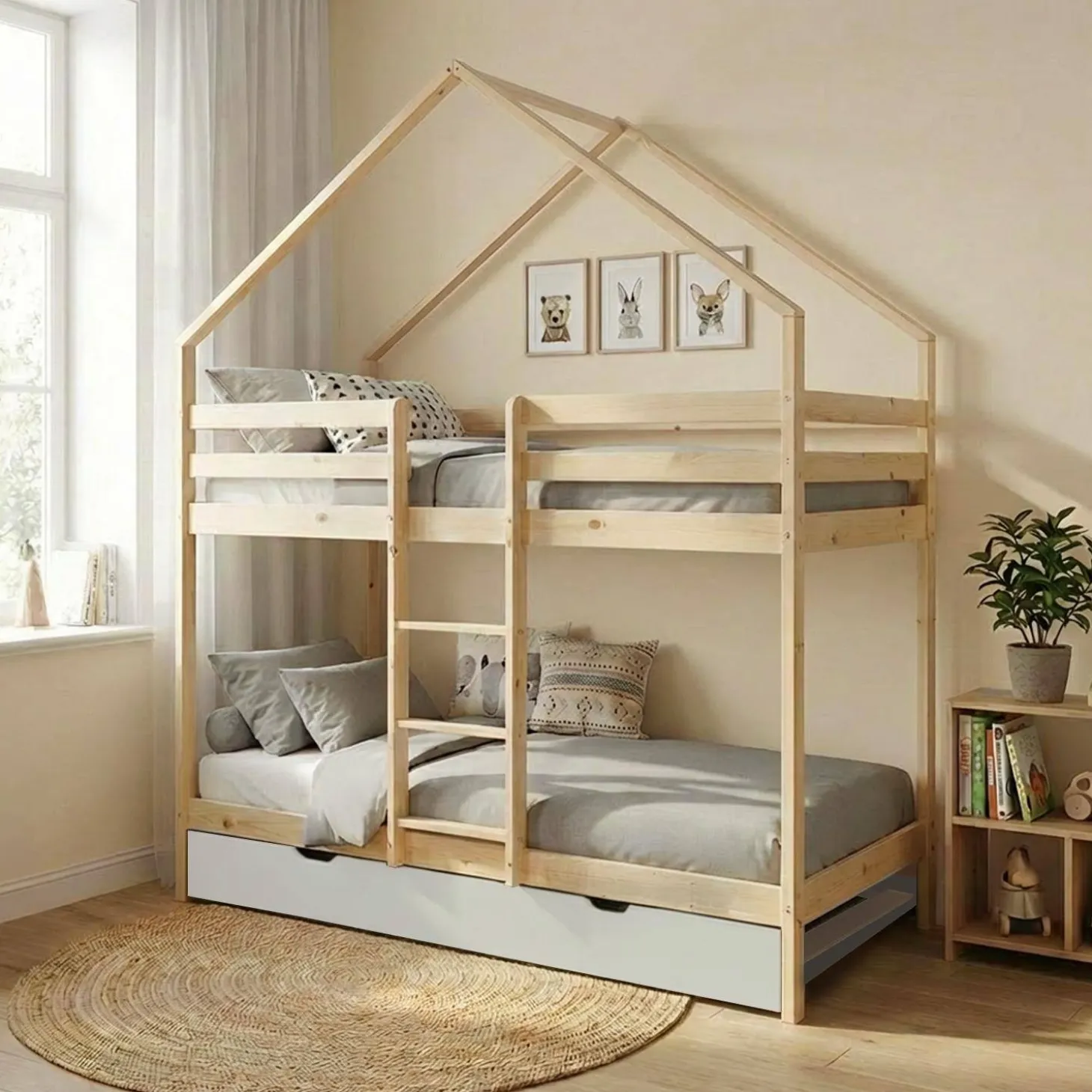 Cama infantil em beliche, 90 x 190 cm em madeira de pinho natural com cama extra
