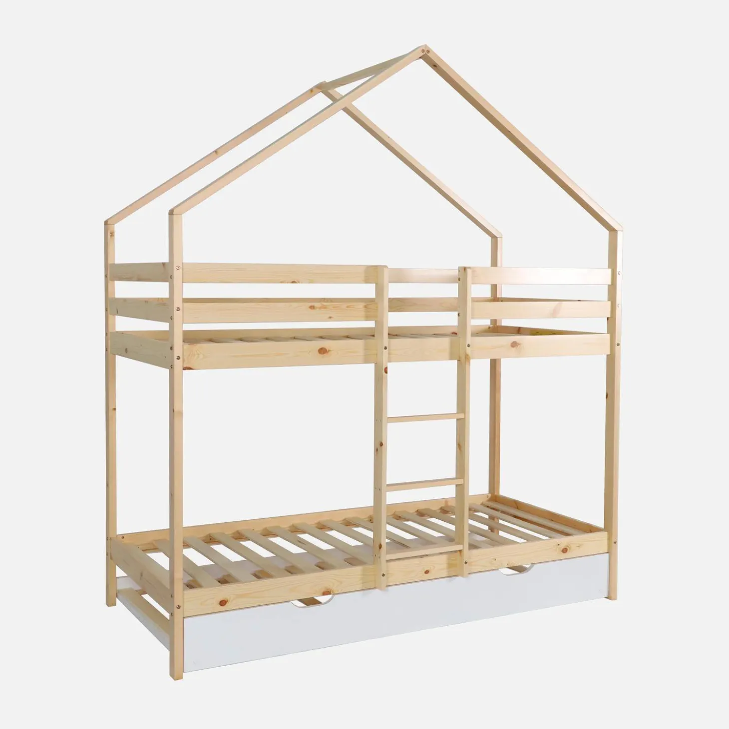 Cama infantil em beliche, 90 x 190 cm em madeira de pinho natural com cama extra