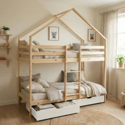 Cama infantil em beliche, 90 x 190 cm madeira de pinho natural com gavetas de arrumação