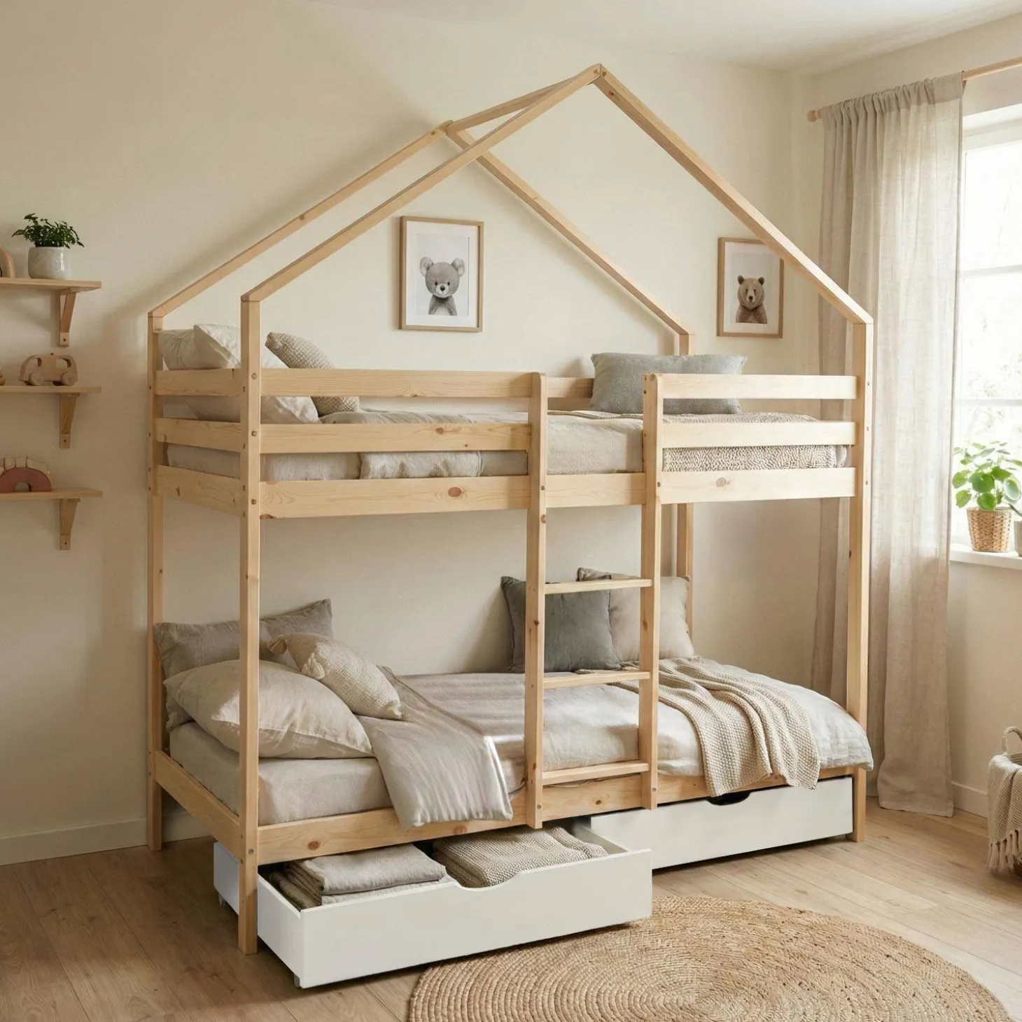 Cama infantil em beliche, 90 x 190 cm madeira de pinho natural com gavetas de arrumação
