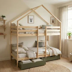 Cama infantil em beliche, 90 x 190 cm madeira de pinho natural com gavetas de arrumação
