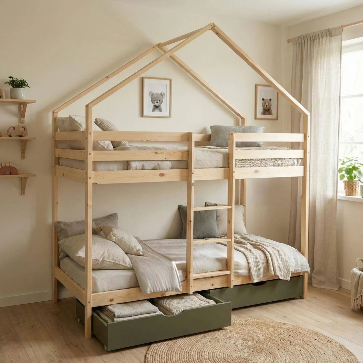Cama infantil em beliche, 90 x 190 cm madeira de pinho natural com gavetas de arrumação
