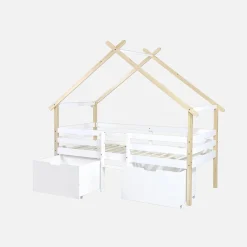 Cama infantil em madeira de pinho com ripas incluídas e 2 gavetas
