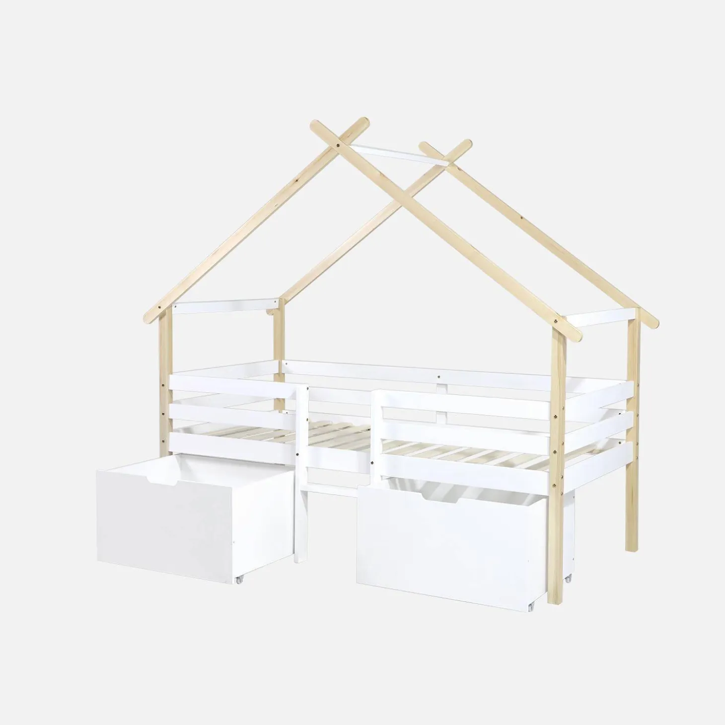 Cama infantil em madeira de pinho com ripas incluídas e 2 gavetas