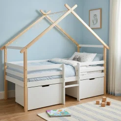 Cama infantil em madeira de pinho com ripas incluídas e 2 gavetas
