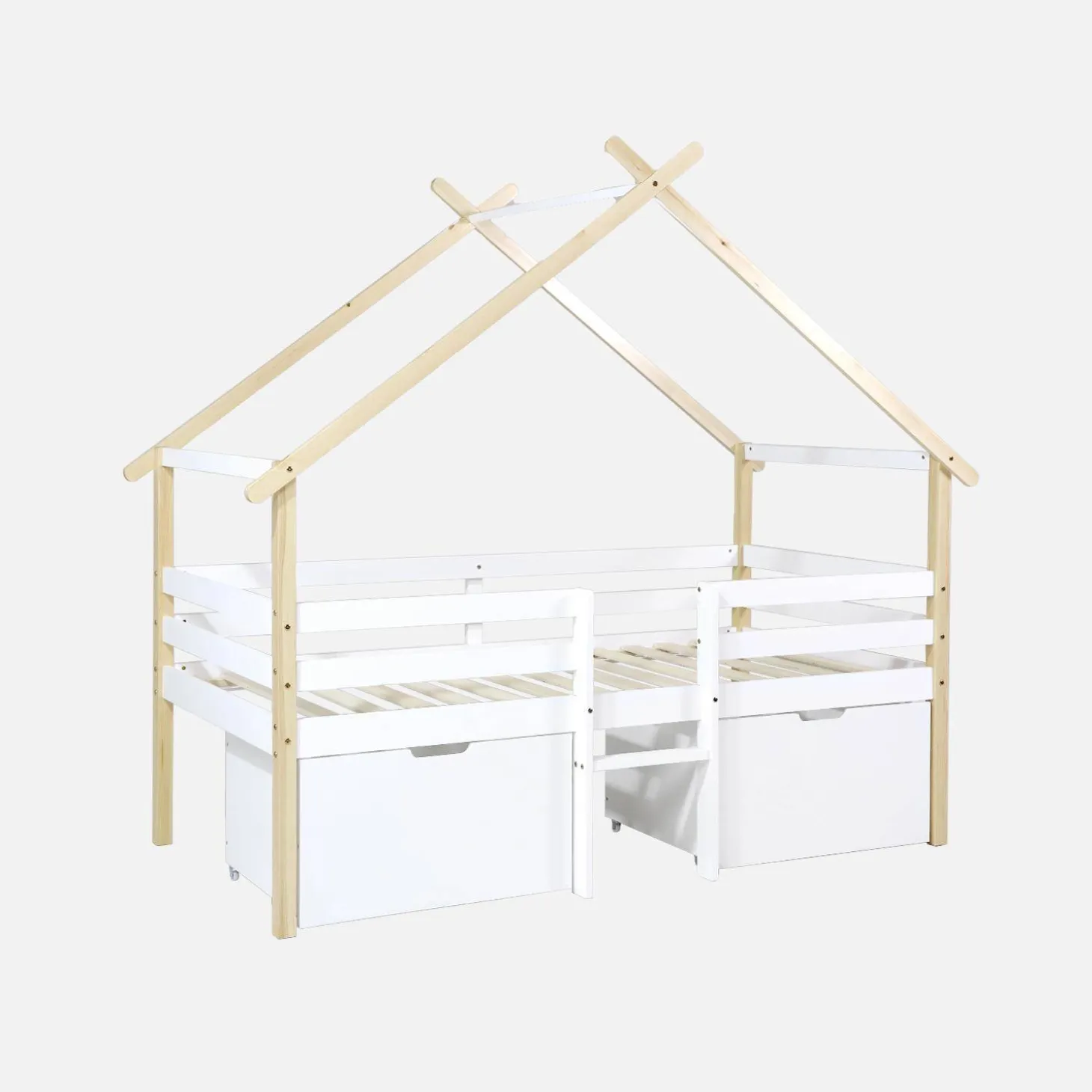 Cama infantil em madeira de pinho com ripas incluídas e 2 gavetas