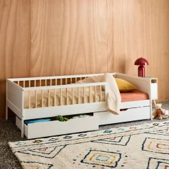 Cama ninho infantil 190cm pinho natural com estrado de ripas e gavetas