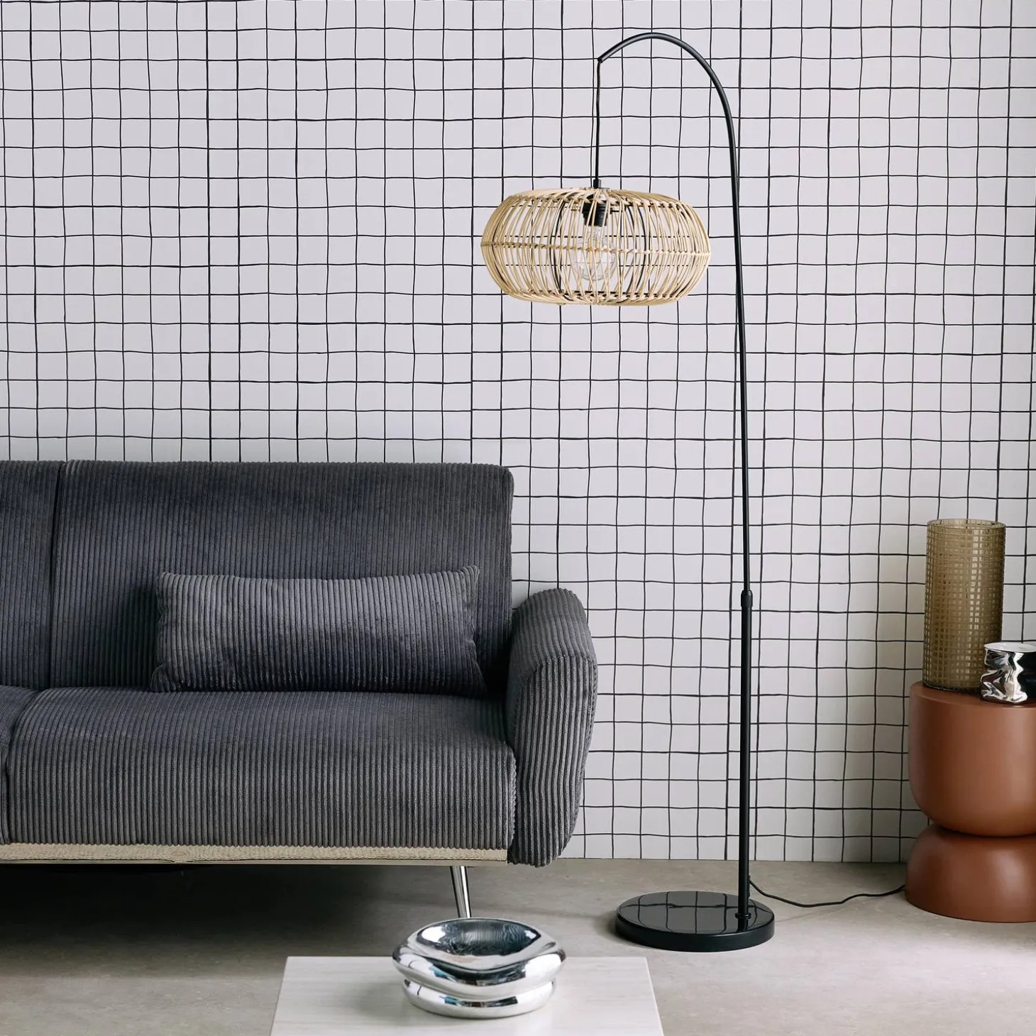 Candeeiro de pé com efeito rattan natural, 170cm