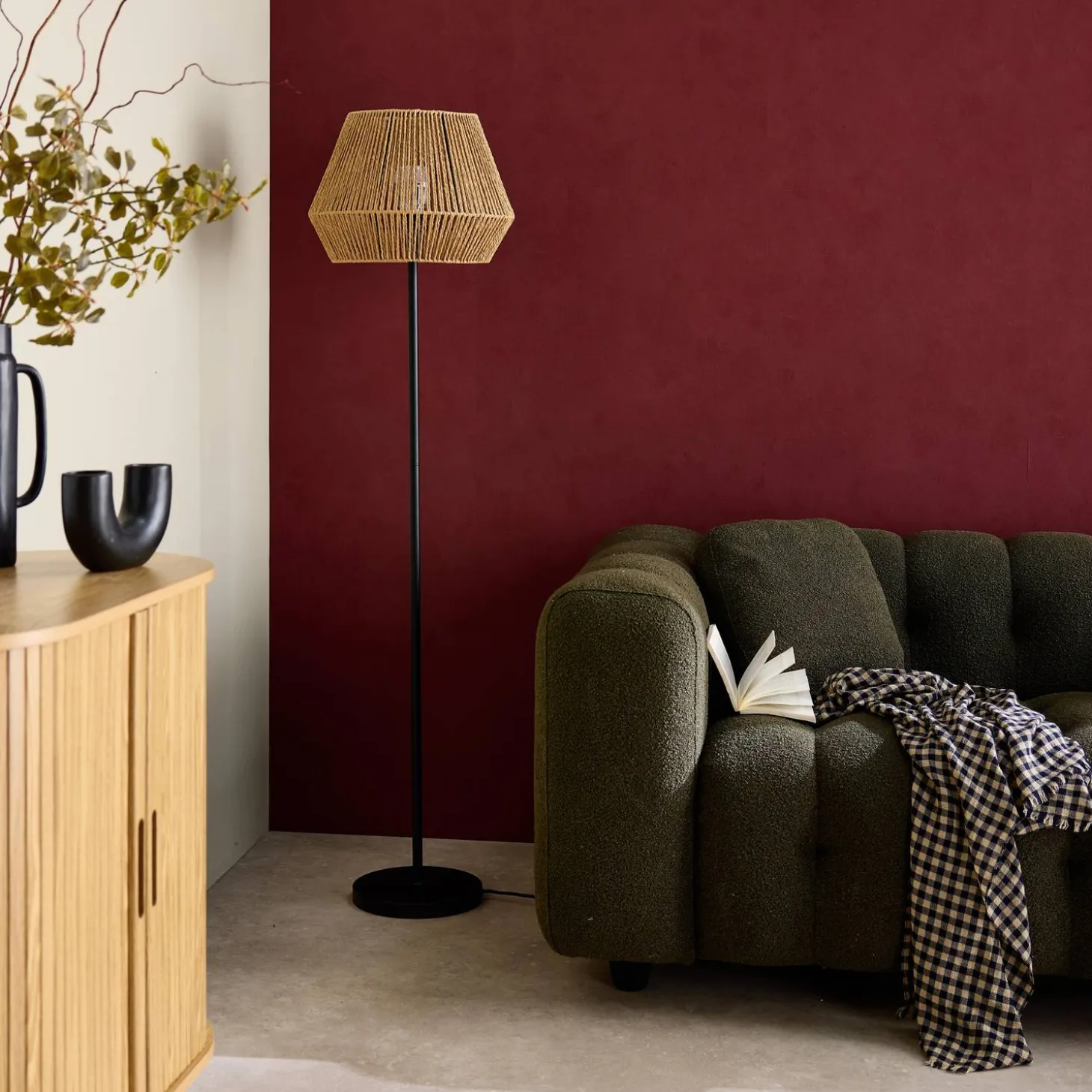 Candeeiro de pé de interior com efeito rattan, 150cm