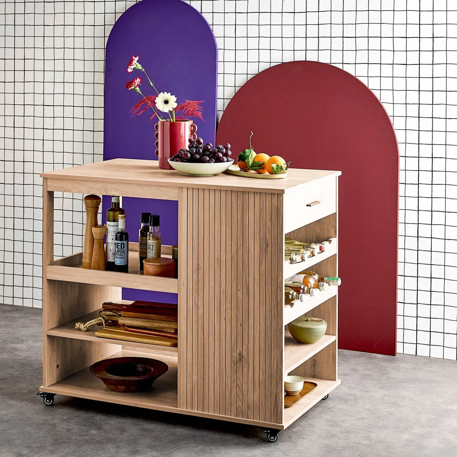 Carrinho de cozinha com suporte para garrafas, 100cm