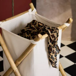 Cesto para roupa suja dobrável em bambu e tecido
