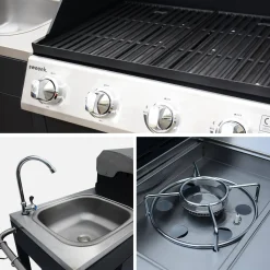 Churrasqueira a gás com 4 queimadores + 1 queimador lateral, cozinha externa com pia e capa