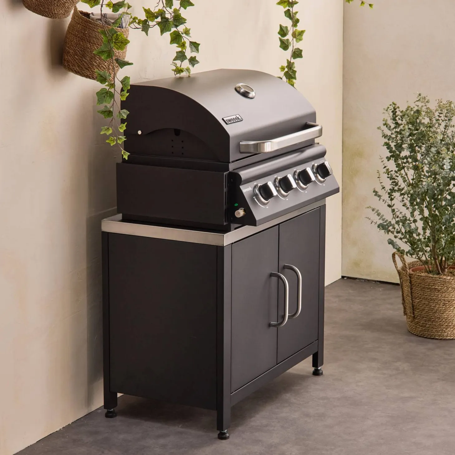 Churrasqueira a gás de 4 queimadores + cozinha externa em aço, 80cm