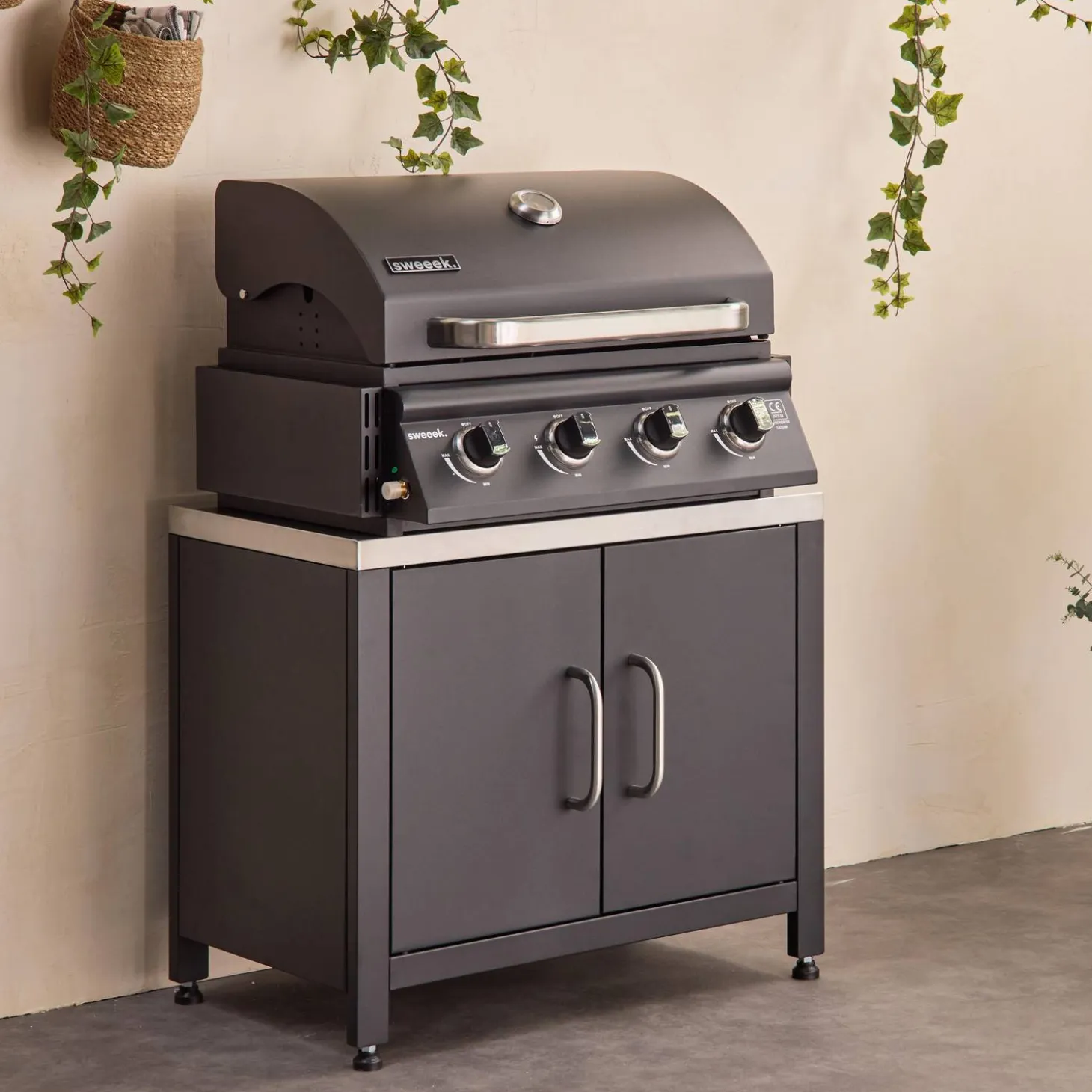 Churrasqueira a gás de 4 queimadores + cozinha externa em aço, 80cm
