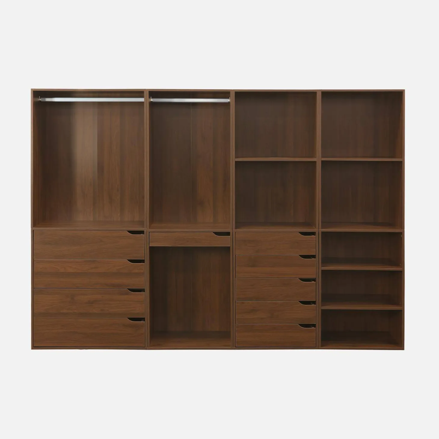 Closet modular com acabamento em madeira de 4 módulos