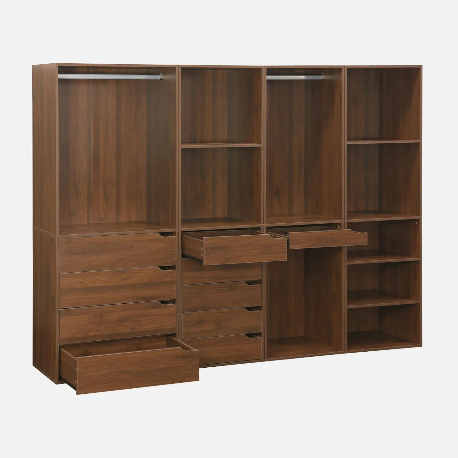 Closet modular com acabamento em madeira de 4 módulos