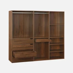 Closet modular com acabamento em madeira de 3 módulos