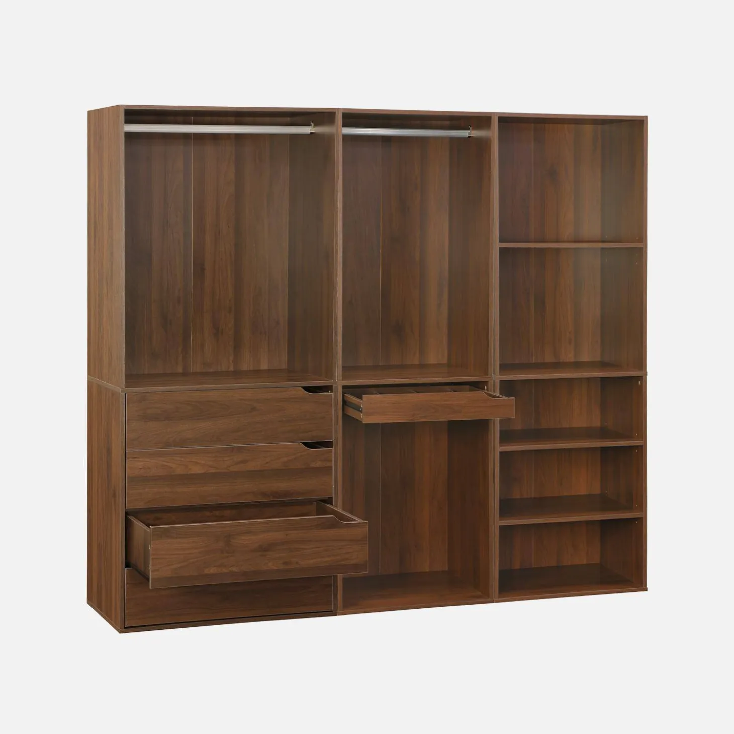 Closet modular com acabamento em madeira de 3 módulos