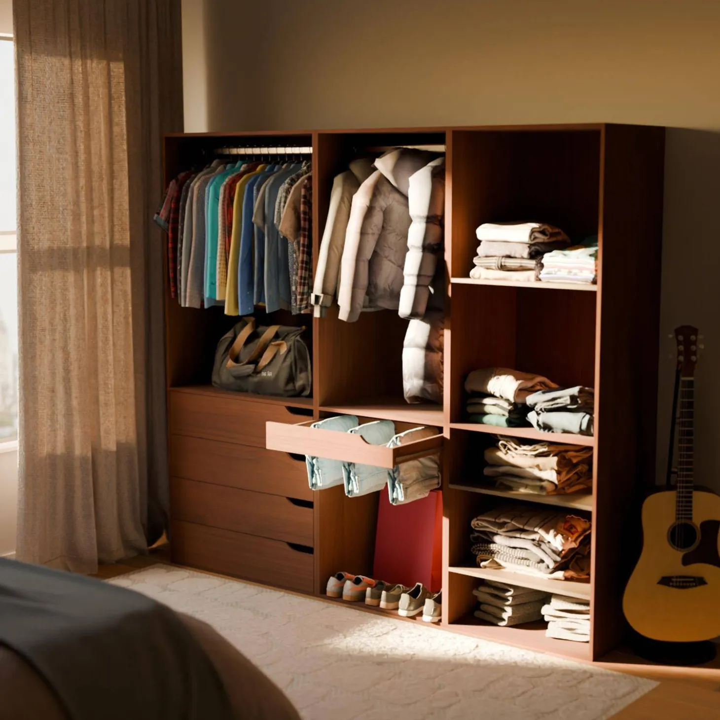Closet modular com acabamento em madeira de 3 módulos