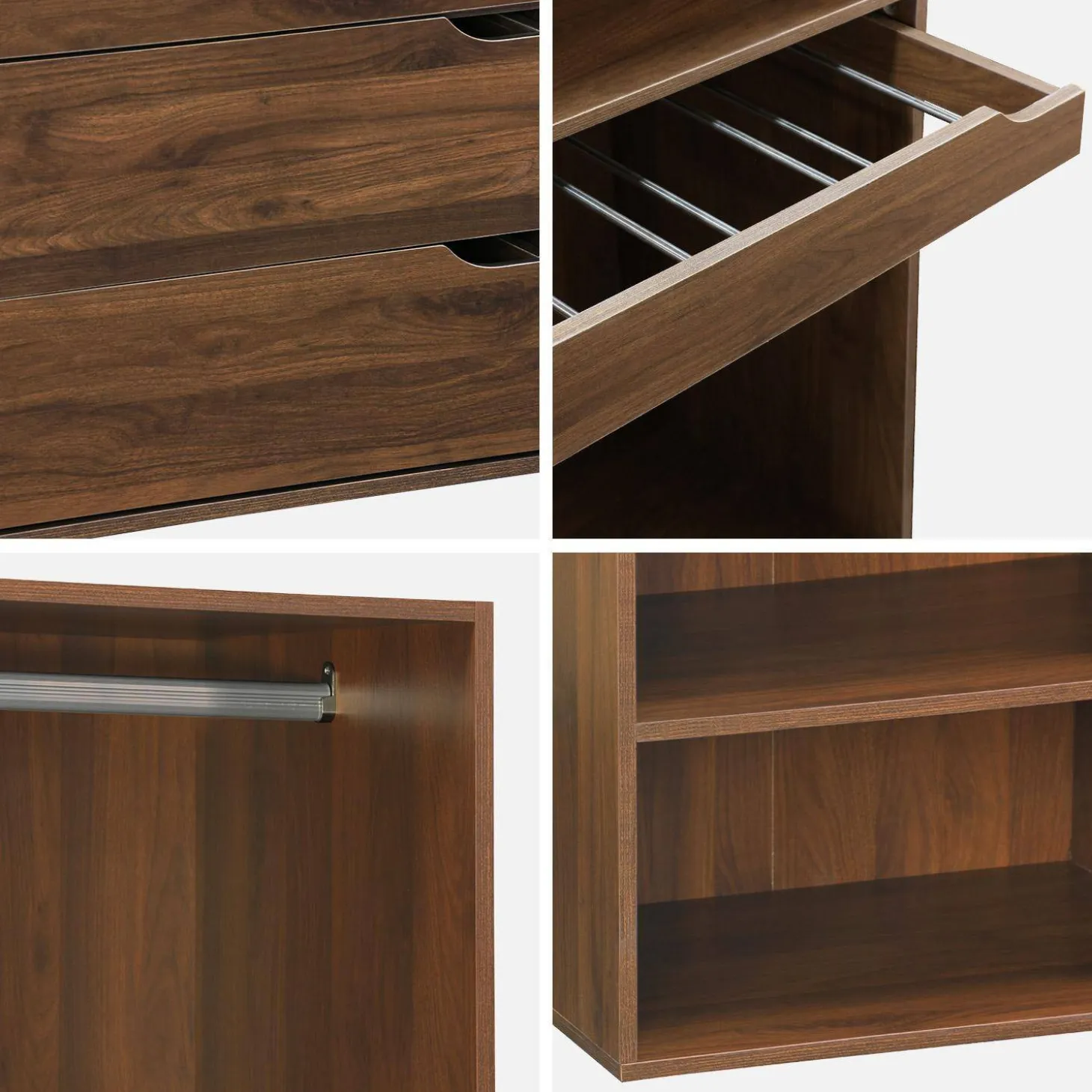 Closet modular com acabamento em madeira de 3 módulos