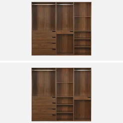 Closet modular com acabamento em madeira de 3 módulos