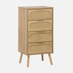 Cômoda alta decorada madeira e vime, 4 gavetas