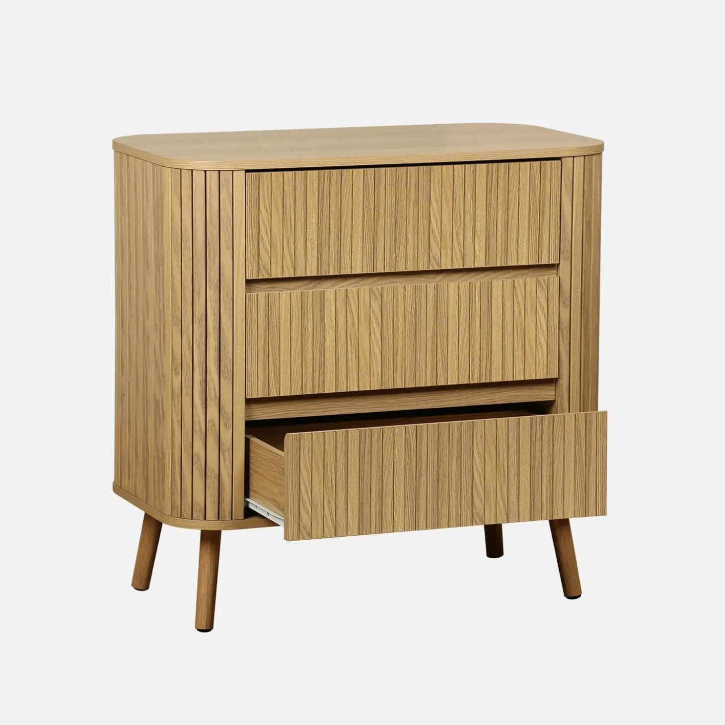 Cómoda, decoração estriada natural de 3 gavetas